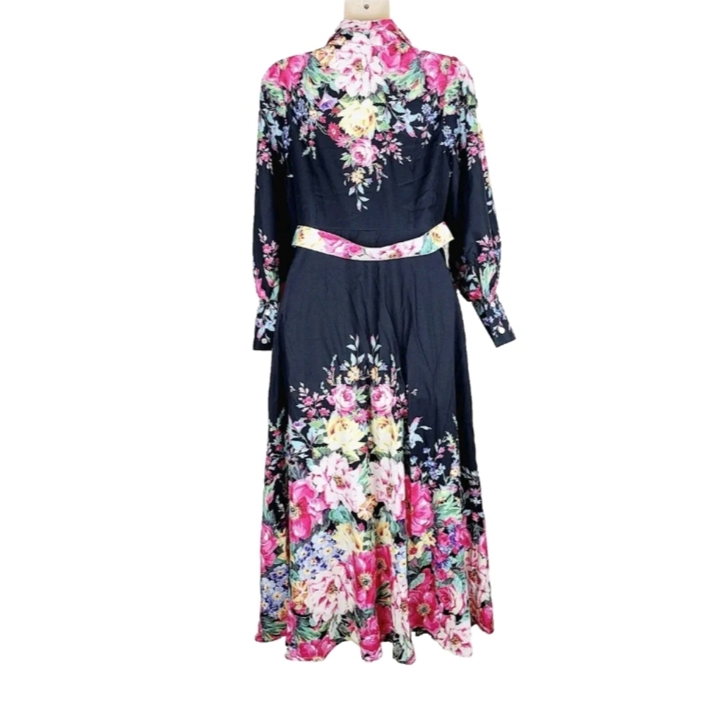 Nwt Dalia MacPhee Dress Large Black Pink Floral Button-Front  Long Sleeve Mi… - Picture 2 of 13